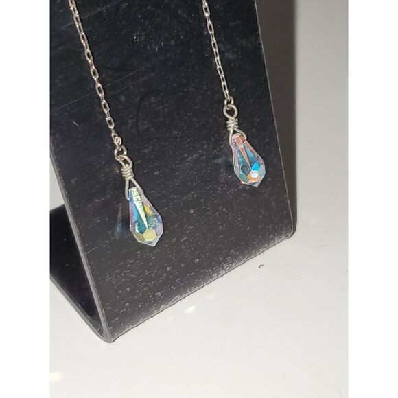 Crystal Dangle Drop Earrings Threader Chain AB Coated Glass Evening Elegant - Picture 7 of 7
